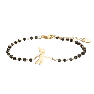Detail of dragonfly charm bracelet with black faceted beads and gold lobster clasp