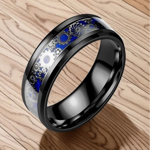 Bague pour homme en acier titane noir poli avec couche bleue et engrenages argent