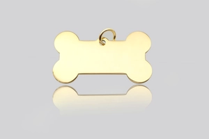 Polished gold bone-shaped stainless steel pet ID tag with mirror finish and hanging ring