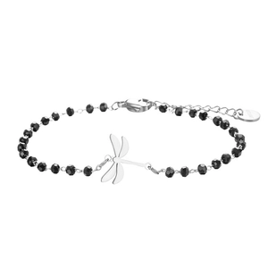 Detail of beaded dragonfly bracelet featuring black faceted beads and stainless steel charm