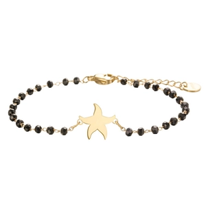 Close-up of rose gold starfish charm with black faceted beads on stainless steel bracelet