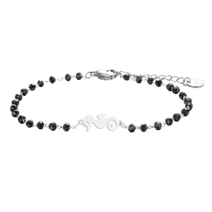 Close-up of black beaded bracelet featuring a silver seahorse pendant and lobster clasp