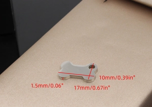 Detailed macro view showing the bone shape dimensions of the stainless steel pet tag