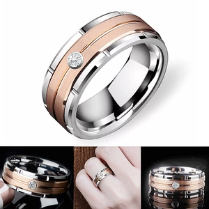 Brushed Two Tone Stainless Steel Ring Rhinestone Inlaid Gear Edge Titanium Steel Couple Band Fashion Jewelry For Men Women