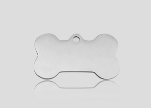 Polished silver stainless steel bone-shaped pet ID tag with smooth reflective finish