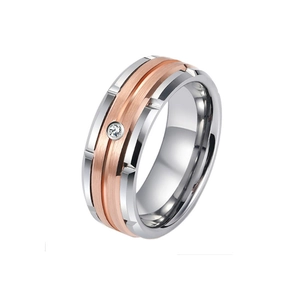 Two-tone titanium steel men's ring with rose gold brushed center and inlaid zircon