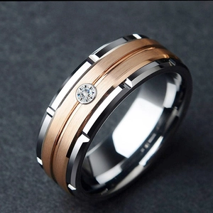 Two-tone titanium steel men's ring with brushed rose gold center and single diamond inlay