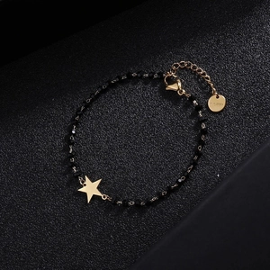Rose gold titanium steel four-leaf clover bracelet with black beads and star pendant