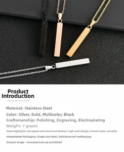 Detailed view of polished stainless steel bar pendants in gold silver black and rose gold