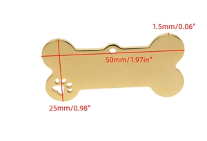 Detail view of a bone-shaped golden stainless steel pet tag showing dimensions 50x25x1.5mm