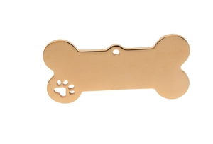 Detail of bone-shaped stainless steel pet ID tag with hollow paw print in rose gold finish
