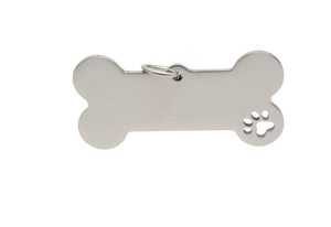 Polished bone-shaped stainless steel dog tag with hollow paw print detail and ring