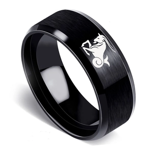 Black 8mm Capricorn zodiac ring in brushed stainless steel with polished beveled edges