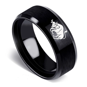 Black brushed stainless steel Taurus ring for men with 8mm beveled edges matte finish