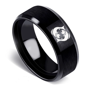 Black brushed stainless steel Pisces zodiac ring with 8mm beveled edges for men