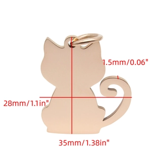 Detailed dimensions of cat-shaped stainless steel pet ID tag in polished gold finish