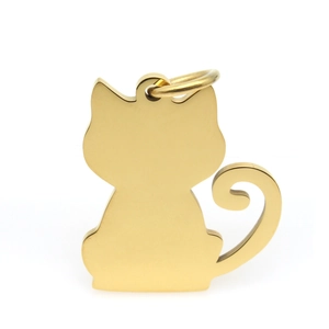 Detailed view of polished gold cat-shaped stainless steel pet ID tag with split ring