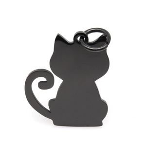 Detailed view of a matte black cat-shaped stainless steel pet ID tag with a metal ring