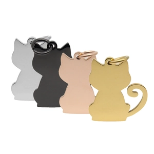 Cat-shaped stainless steel pet ID tags in silver, black, rose gold, and gold finishes
