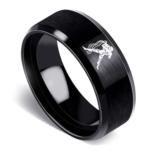 Close-up of black Aquarius constellation ring with brushed finish and polished edges