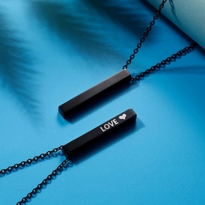 Minimalist black stainless steel bar pendant necklace set with LOVE engraving for couples