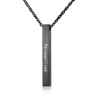 Minimalist black rectangular bar necklace in stainless steel with personalized engraving