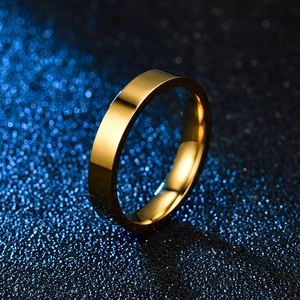 Minimalist 4mm gold stainless steel ring with a smooth brushed finish on a blue background