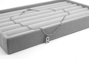 Detailansicht des polierten Edelstahl-Buchstaben-R-Anhängers an einer feinen Kette