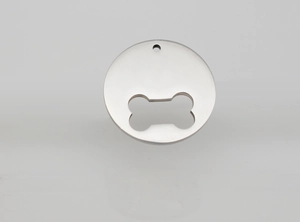 Polished stainless steel round pet ID tag featuring a hollow bone design and mirror finish