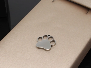 Detailed macro view of silver stainless steel pet ID tag with hollow paw print design