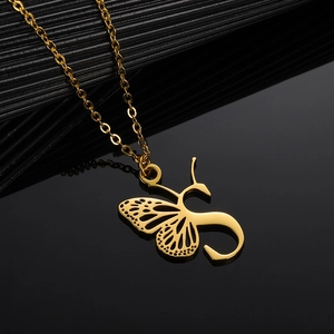 Golden stainless steel S-letter necklace with detailed butterfly wing pendant on O-chain