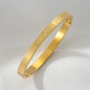 Bracelet en acier titane doré avec inscription JESUS et emblème de Marie pour couples