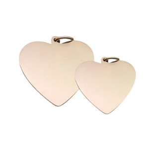 Polished rose gold heart-shaped stainless steel pet ID tags in two sizes with rings
