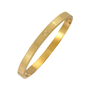 Bracelet en acier titane doré avec gravure Jésus, breloques croix et motif à carreaux