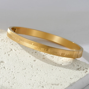 Gold titanium steel bracelet featuring etched I love you text and rose patterns on stone base