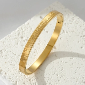 Vintage Stainless Steel Greek Key Pattern Bangle For Women Men Minimalist Etched Meander Geometric Hinge Clasp Bangle Gold Silver Fashion Jewelry