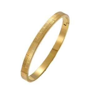 Titanium steel gold bangle with Greek key pattern and secure snap closure clasp