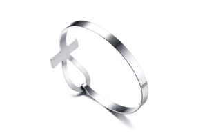 Polished stainless steel C-shaped cuff bracelet featuring a symbolic Ankh cross charm detail