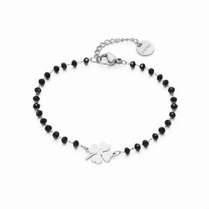 Minimalist black beaded stainless steel bracelet with a silver four-leaf clover charm