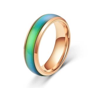 Rose gold thermochromic mood ring with color-changing inlay on white background