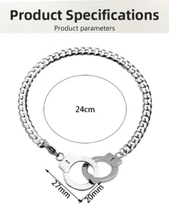 Close-up of hip hop stainless steel handcuff link chain with detailed size measurements