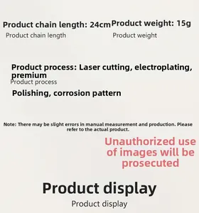 Close-up of stainless steel bracelet specs: 24cm length, 15g weight, laser cut and polished