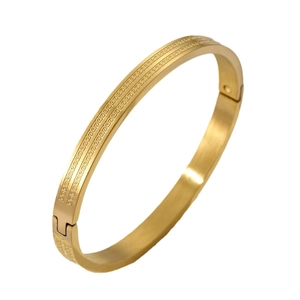Gold stainless steel hinged bangle featuring Greek meander grid patterns for couples