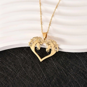 Golden heart-shaped horse head pendant necklace on a premium black and white background