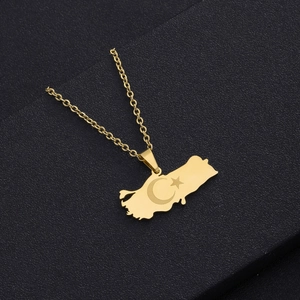 Goldene Türkei Landkarte Halskette mit Stern und Mond Gravur aus Edelstahl Gliederkette