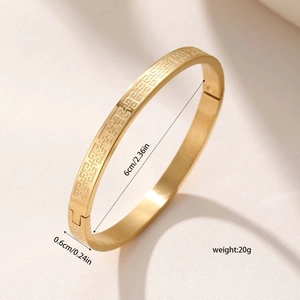 Gold stainless steel Greek Key pattern open bangle bracelet with measurements and weight
