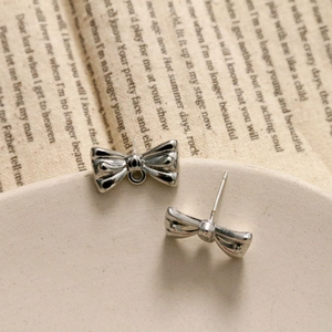 Silver bow stud earrings with small connection ring for DIY jewelry making and craft