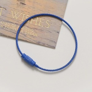Λήψη macro μπλε πλεκτού μπρελόκ από ατσάλινο σύρμα με βιδωτό σύνδεσμο με υφή