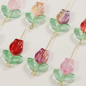 Transparent glass tulip beads with gold leaf pins for handmade DIY jewelry making