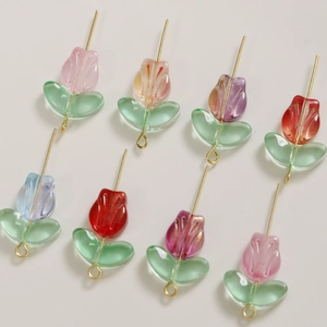 Colorful glass tulip beads with green leaves and gold hooks for DIY jewelry making